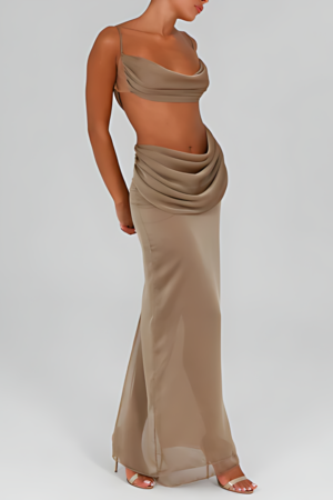 Taupe Draped Chiffon Crop Top and Maxi Skirt – view 2