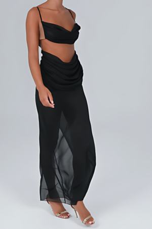 Black Draped Chiffon Crop Top and Maxi Skirt – view 2