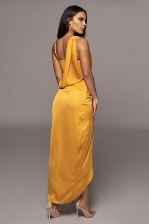 Solar Flare Slit Mustard Satin Maxi Dress – view 2