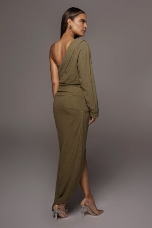 Seraphina Olive Linen Draped Maxi Dress – view 2