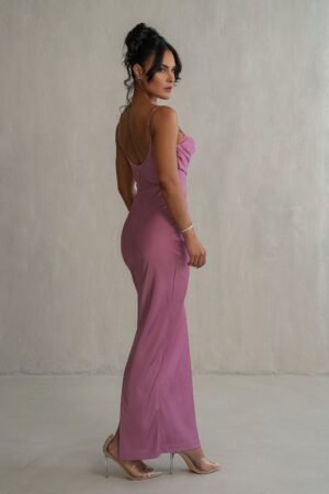 Berry Draped Neckline Satin Maxi Dress – view 2