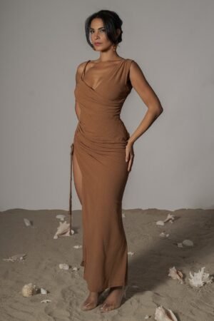 Asymmetric Rope-Strap Pecan Linen Maxi Dress – view 2