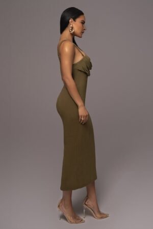 Braided Cowl Olive Linen Midi Dress – view 2