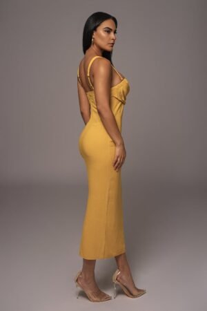 Braided Cowl Yellow Linen Midi Dress – view 2