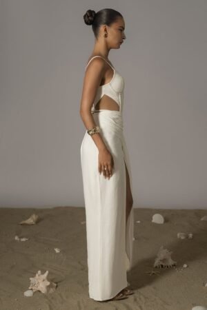 Pleated Drape Ivory Linen Maxi Skirt – view 2