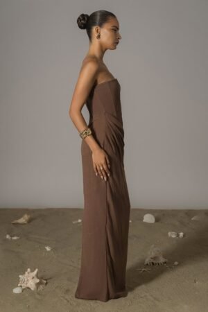 Strapless Draped Chocolate Linen Maxi Dress – view 2