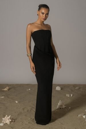 Strapless Draped Black Linen Maxi Dress – view 2