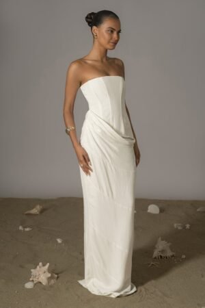 Strapless Draped Ivory Linen Maxi Dress – view 2