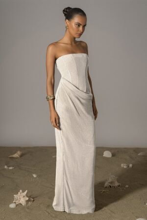 Strapless Draped Natural Linen Maxi Dress – view 2