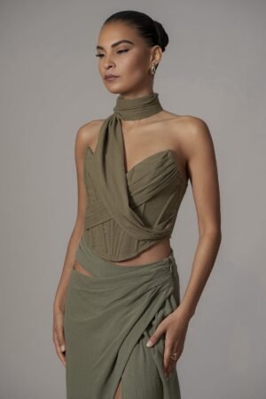 Draped Neckline Olive Linen Bustier – view 2