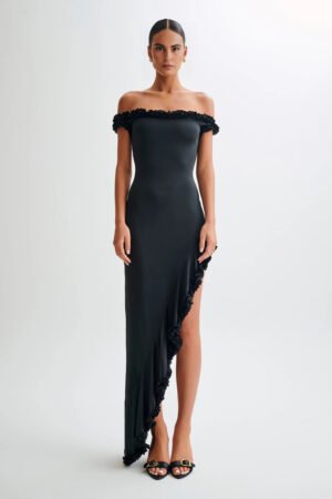 Floral Frill Off-Shoulder Black Midi Dress – view 2