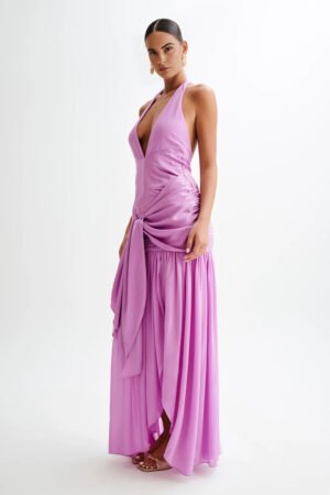 Elysian Plunge Fuchsia Satin Maxi Dress – view 2