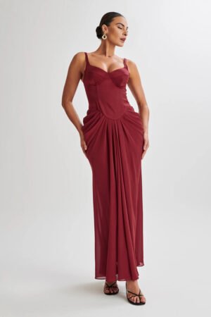 Amara Satin Corset Wine Gown – view 2