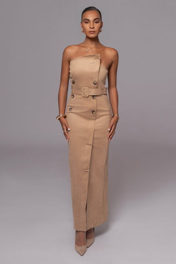 Strapless Suede Belted  Chocolate Maxi Dress