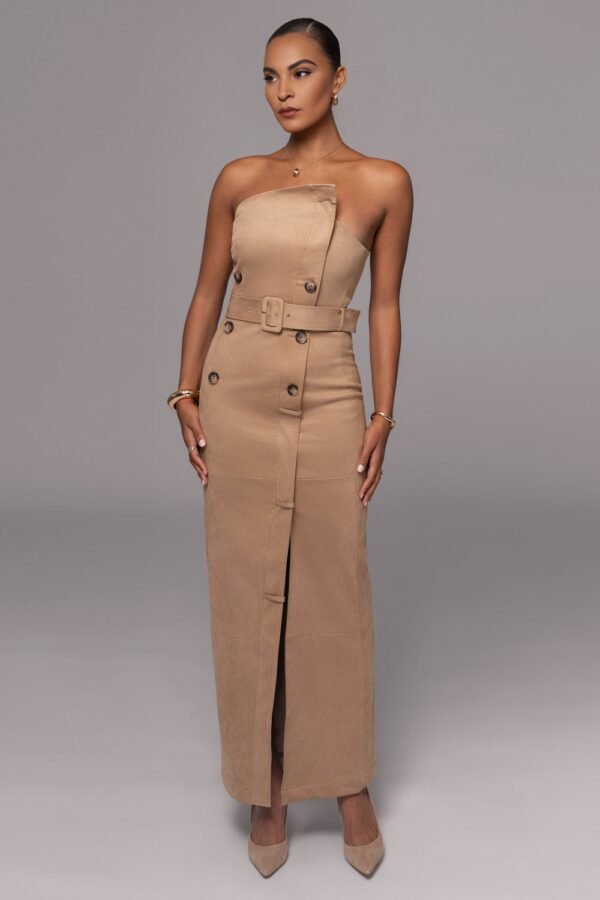 Strapless Suede Belted  Chocolate Maxi Dress - Image 3