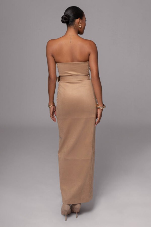 Strapless Suede Belted  Chocolate Maxi Dress - Image 5