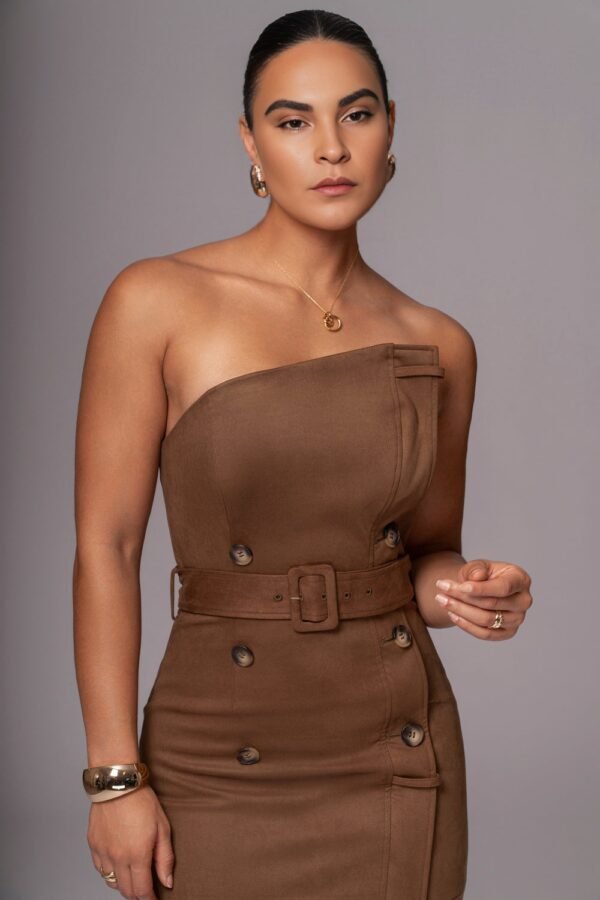 Strapless Suede Belted  Chocolate Maxi Dress - Image 5