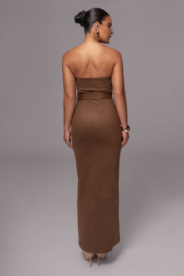 Strapless Suede Belted  Chocolate Maxi Dress - Image 3