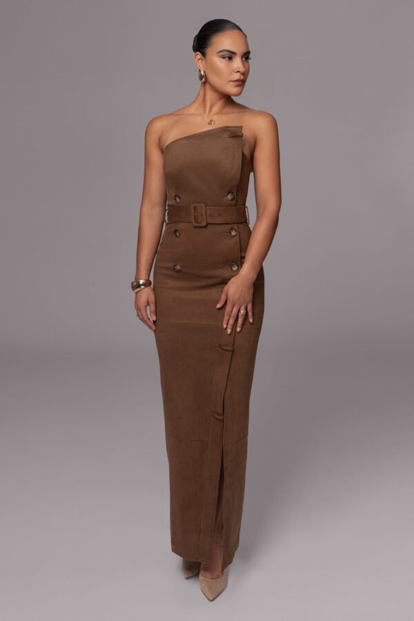 Strapless Suede Belted  Chocolate Maxi Dress - Image 4