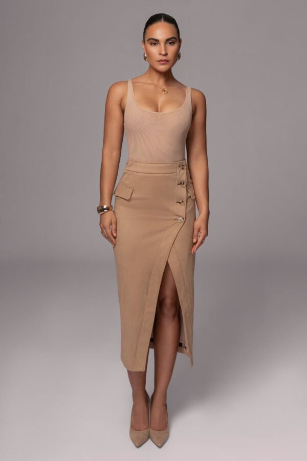 Asymmetry Suede Beige Midi Skirt