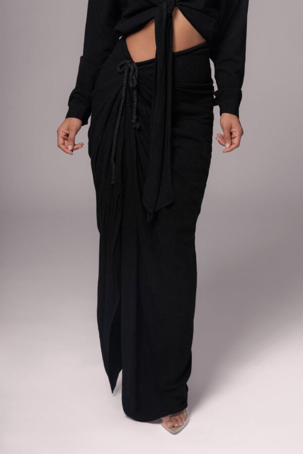 Drawstring Black Linen Maxi Skirt - Image 4