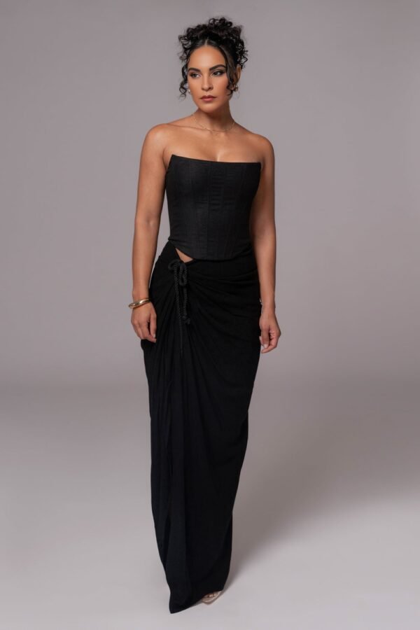 Drawstring Black Linen Maxi Skirt