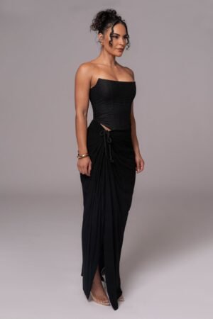 Drawstring Black Linen Maxi Skirt – view 2