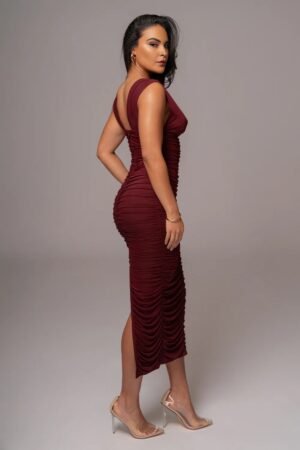 Ruche Detail Keyhole Burgundy Midi Dress – view 2