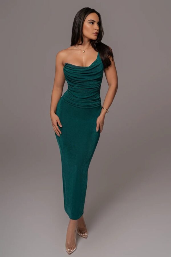 Sculpted Drape One-Shoulder Green Gown - Image 2