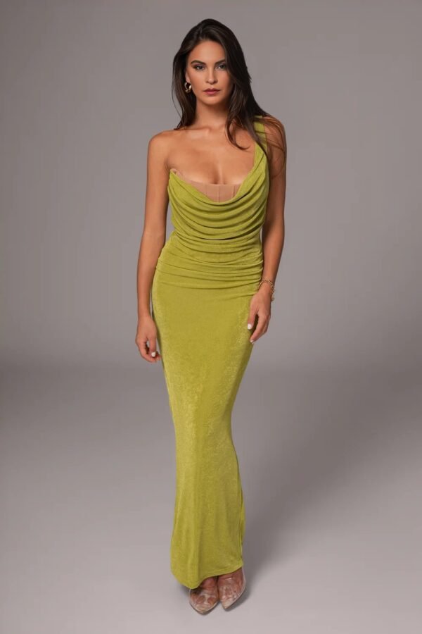 Sculpted Drape One-Shoulder Lime Gown