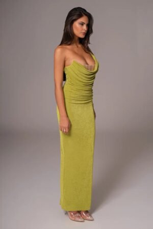 Sculpted Drape One-Shoulder Lime Gown – view 2