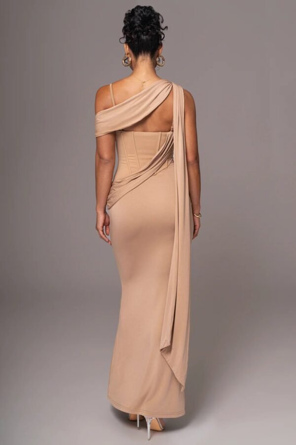 Draped Corset Taupe Maxi Dress - Image 3