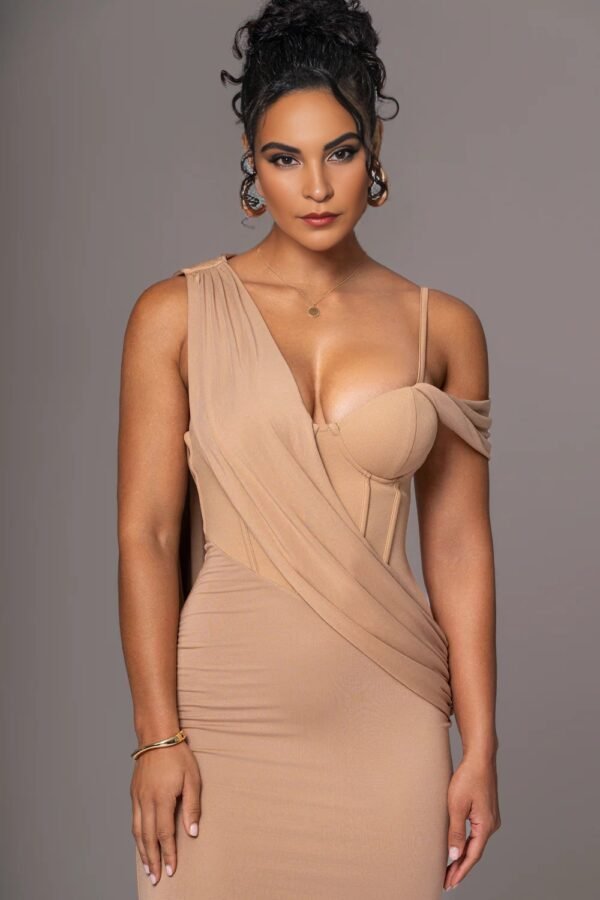 Draped Corset Taupe Maxi Dress - Image 4