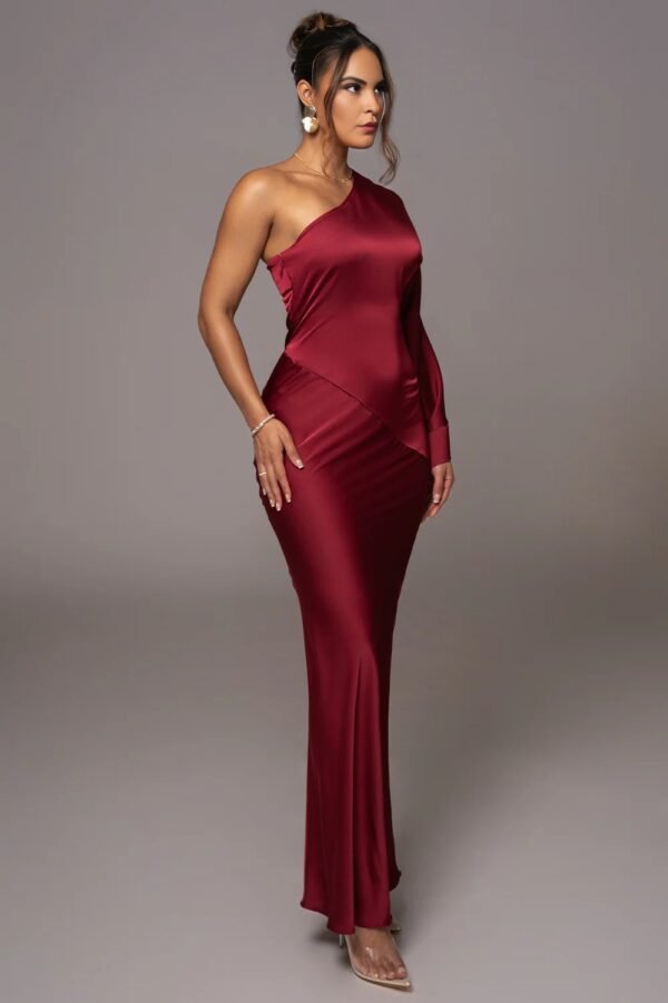 Satin Elegance One-Shoulder Red Gown - Image 2