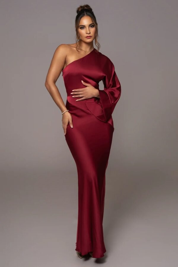 Satin Elegance One-Shoulder Red Gown - Image 3