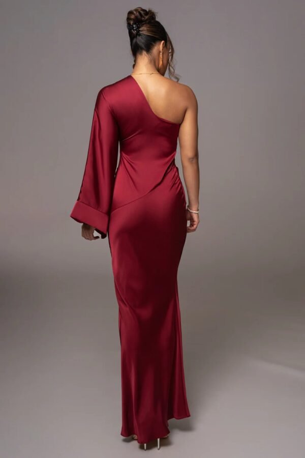 Satin Elegance One-Shoulder Red Gown - Image 5