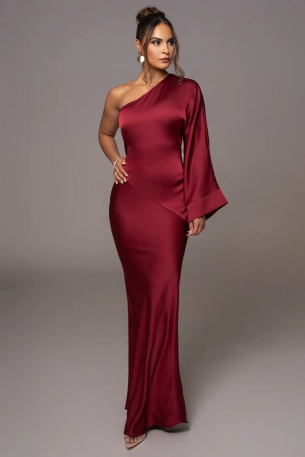 Satin Elegance One-Shoulder Red Gown - Image 7