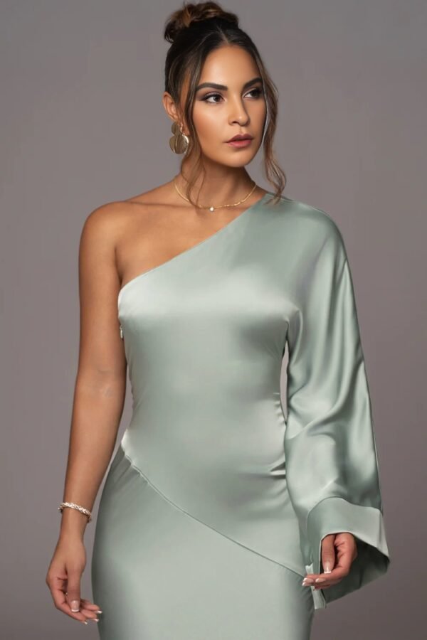 Satin Elegance One-Shoulder Sage Gown - Image 7