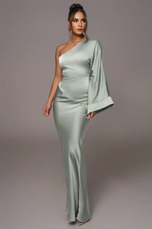 Satin Elegance One-Shoulder Sage Gown – view 2