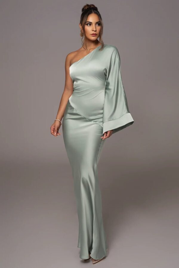 Satin Elegance One-Shoulder Sage Gown - Image 2