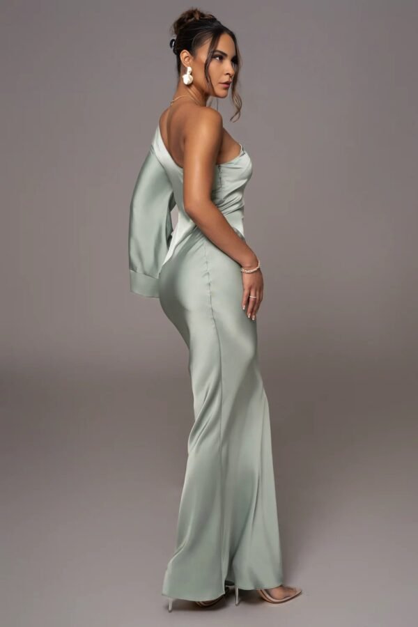 Satin Elegance One-Shoulder Sage Gown - Image 5