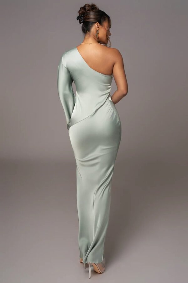 Satin Elegance One-Shoulder Sage Gown - Image 6