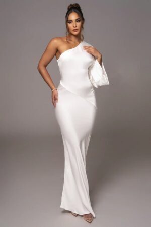 Satin Elegance One-Shoulder Ivory Gown – view 2