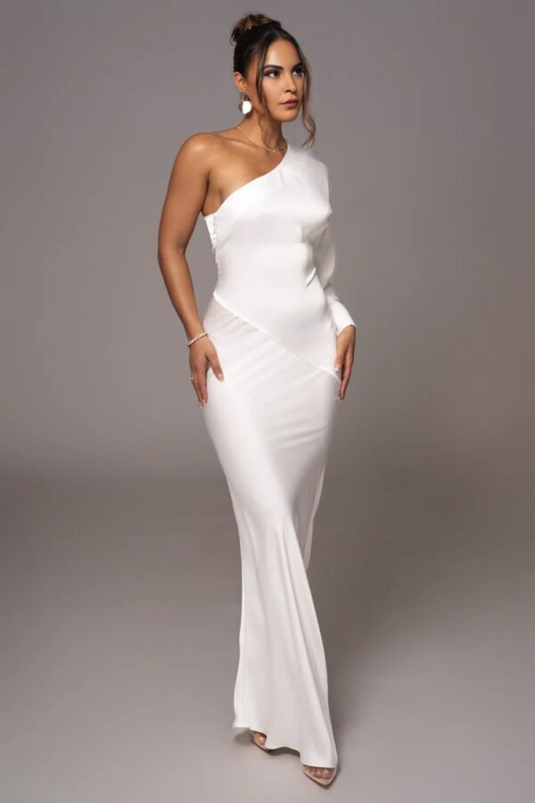 Satin Elegance One-Shoulder Ivory Gown - Image 3