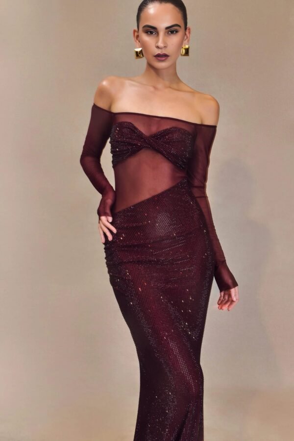 Diamante Drape Bardot Mahogany Gown - Image 4