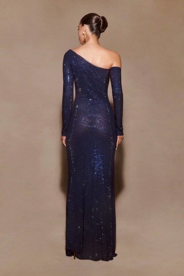 Diamante Drape Bardot Navy Gown - Image 5