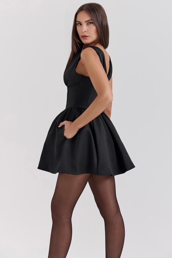 Black Satin Bow Mini Dress - Image 4