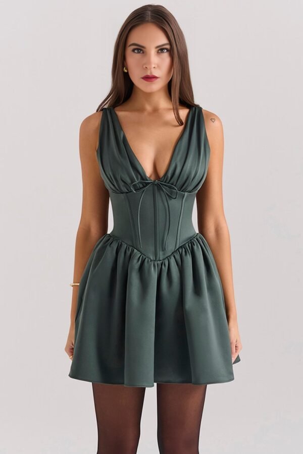 Forrest Green Satin Bow Mini Dress - Image 2