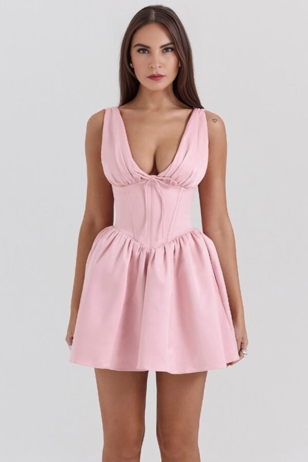 Powder Pink Satin Bow Mini Dress - Image 4
