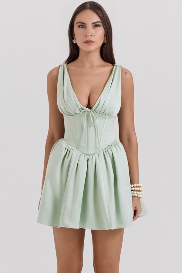 Pistachio Satin Bow Mini Dress - Image 4